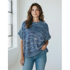 CALLIGRAPHIE Blue Marled Knit Short Sleeve Sweater Top Size M NWT